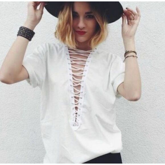 Emma Sam Gray Black Lace Up Oversized Short Sleeve Top T Shirt Cotton Small $108 - Picture 3 of 5